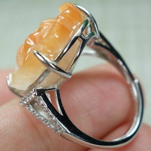 Certified Yellow 100% natural A jadeite jade Ring~Rich Flower 戒指 - Picture 9 of 12